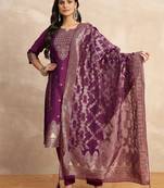 Floral printed silk blend round neck kurta trouser & dupatta set