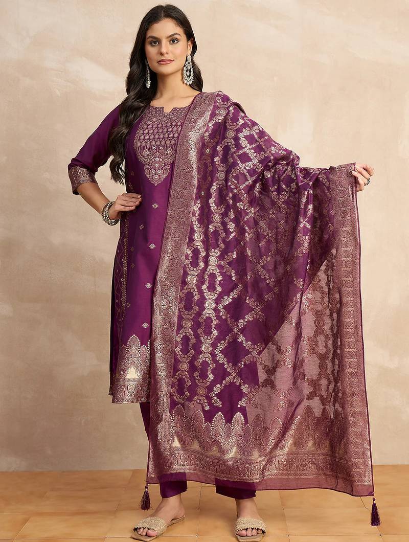 Floral printed silk blend round neck kurta trouser & dupatta set