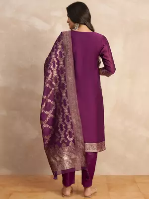 Floral printed silk blend round neck kurta trouser & dupatta set 2