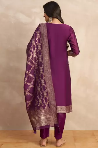 Floral printed silk blend round neck kurta trouser & dupatta set