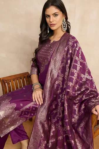 Floral printed silk blend round neck kurta trouser & dupatta set