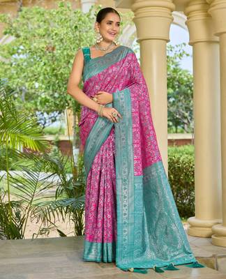 banarasi silk blend pink & blue saree with elegant floral buti design & jacquard border saree 1