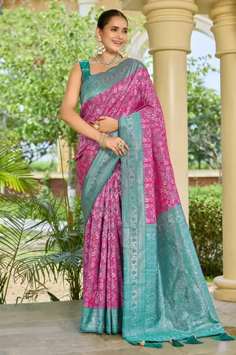 banarasi silk blend pink & blue saree with elegant floral buti design & jacquard border saree
