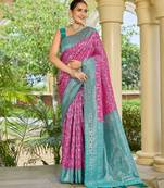 banarasi silk blend pink & blue saree with elegant floral buti design & jacquard border saree