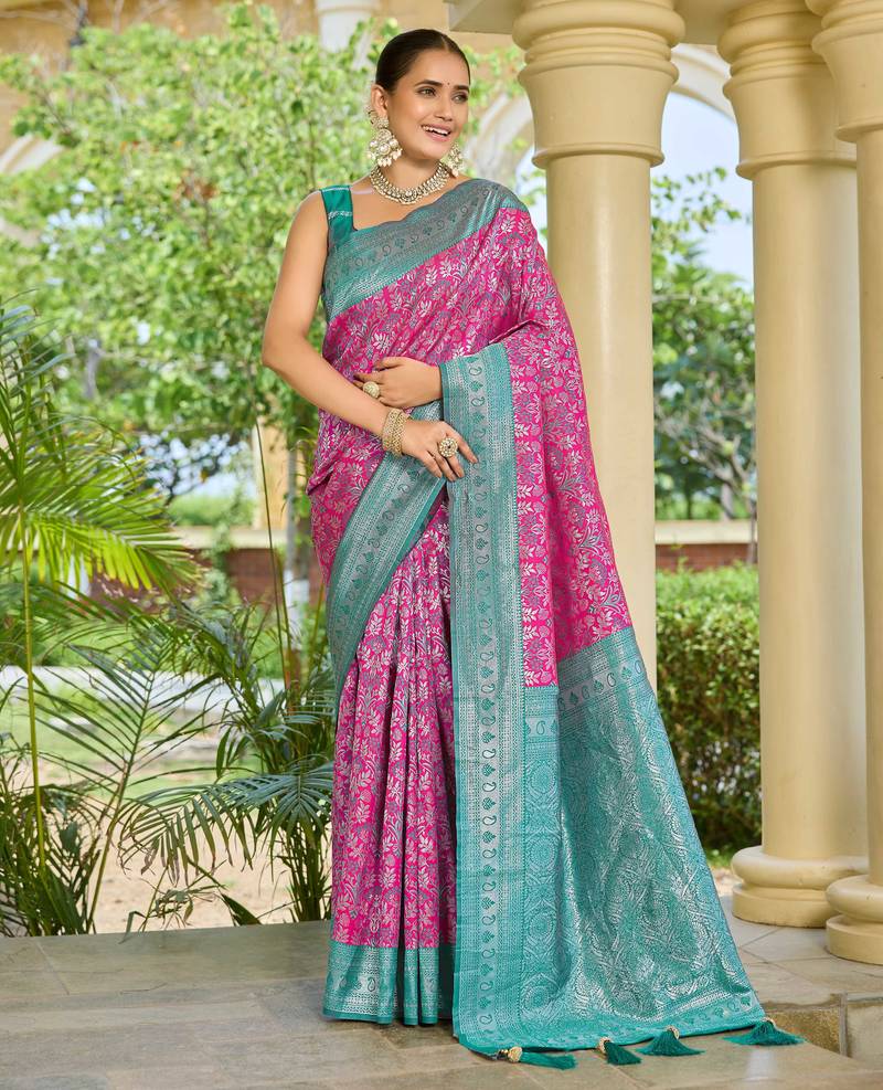 banarasi silk blend pink & blue saree with elegant floral buti design & jacquard border saree