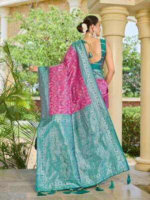 banarasi silk blend pink & blue saree with elegant floral buti design & jacquard border saree 2