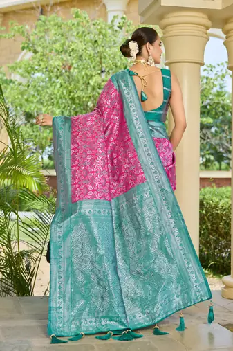banarasi silk blend pink & blue saree with elegant floral buti design & jacquard border saree