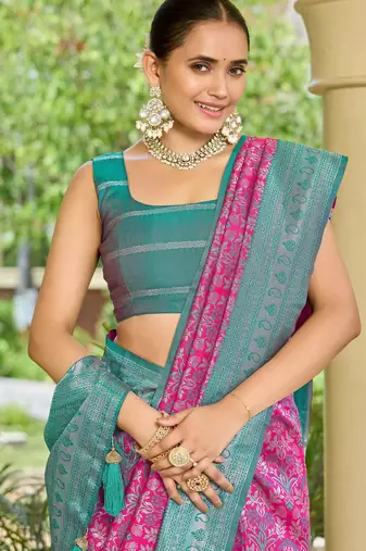banarasi silk blend pink & blue saree with elegant floral buti design & jacquard border saree