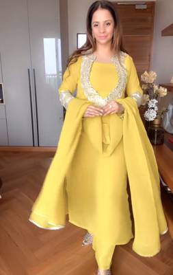 Yellow silk  party wear embroidery  coty suit set 1