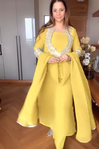 Yellow silk  party wear embroidery  coty suit set