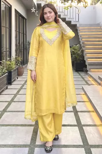 Yellow silk  party wear embroidery  coty suit set