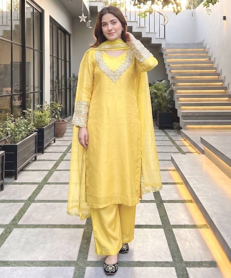 Yellow silk  party wear embroidery  coty suit set