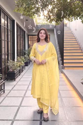 Yellow silk  party wear embroidery  coty suit set