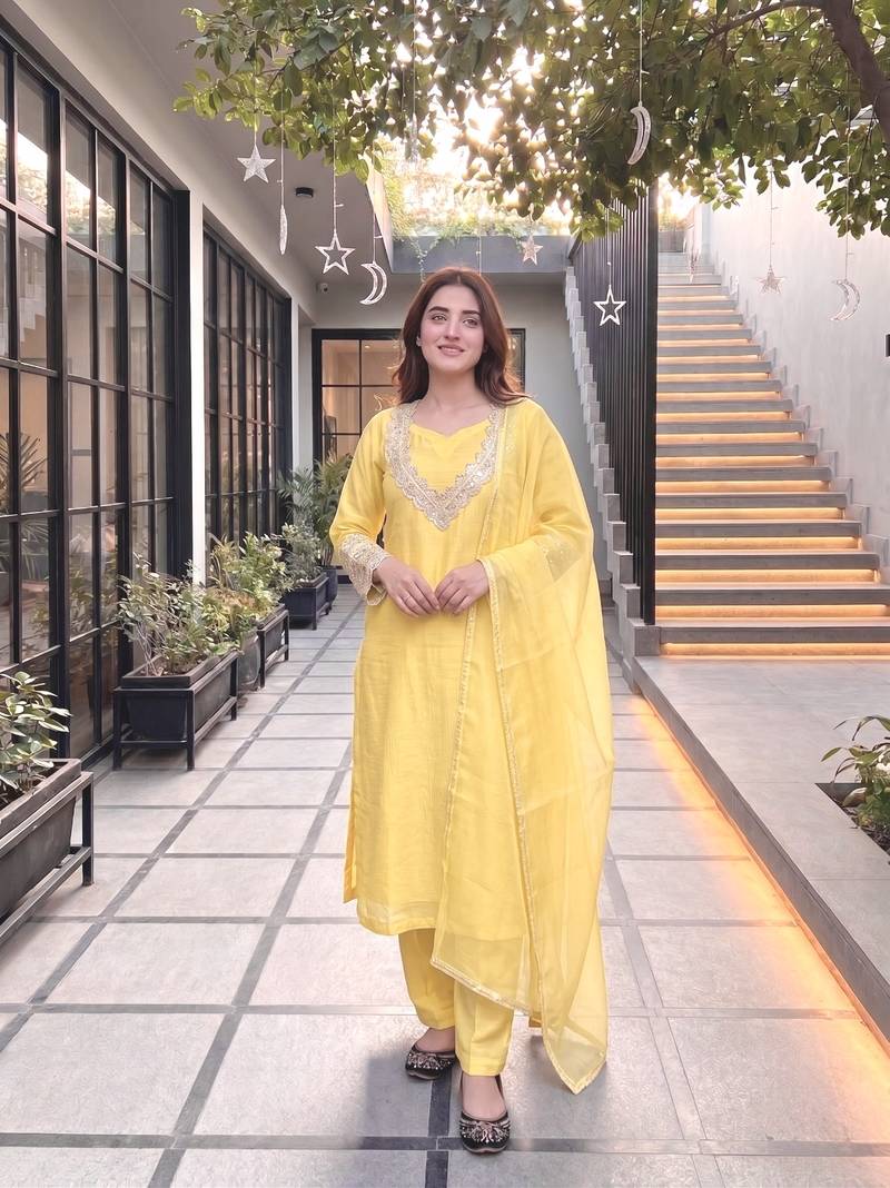 Yellow silk  party wear embroidery  coty suit set
