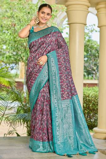 banarasi silk maroon & blue saree with elegant floral buti design jacquard border ethnic saree