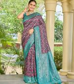 banarasi silk maroon & blue saree with elegant floral buti design jacquard border ethnic saree