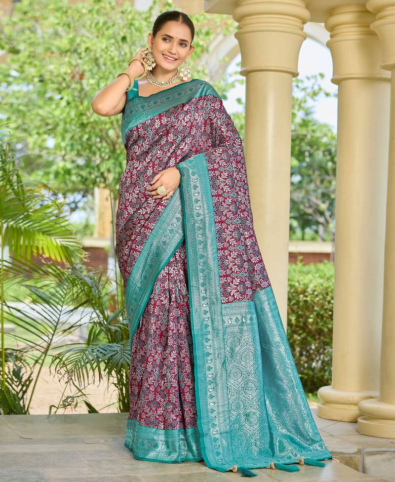 banarasi silk maroon & blue saree with elegant floral buti design jacquard border ethnic saree