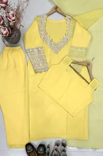 Yellow silk  party wear embroidery  coty suit set