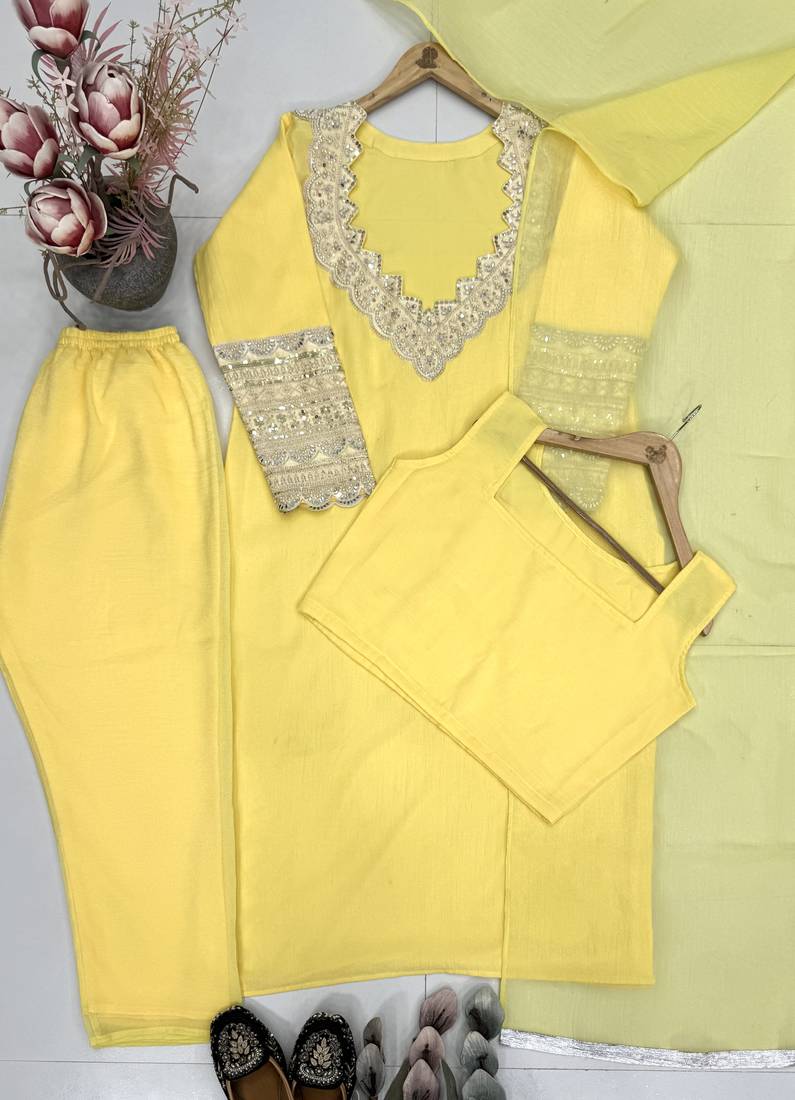 Yellow silk  party wear embroidery  coty suit set