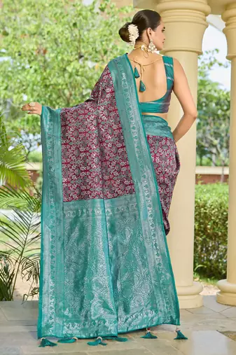 banarasi silk maroon & blue saree with elegant floral buti design jacquard border ethnic saree