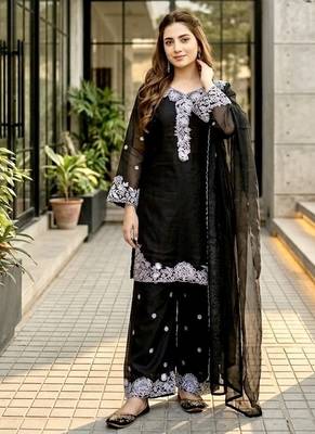 Black chanderi  party wear embroider y  plazzo suit set 1
