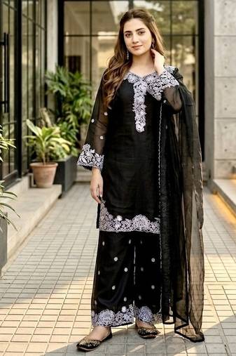 Black chanderi  party wear embroider y  plazzo suit set