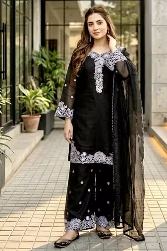 Black chanderi  party wear embroider y  plazzo suit set