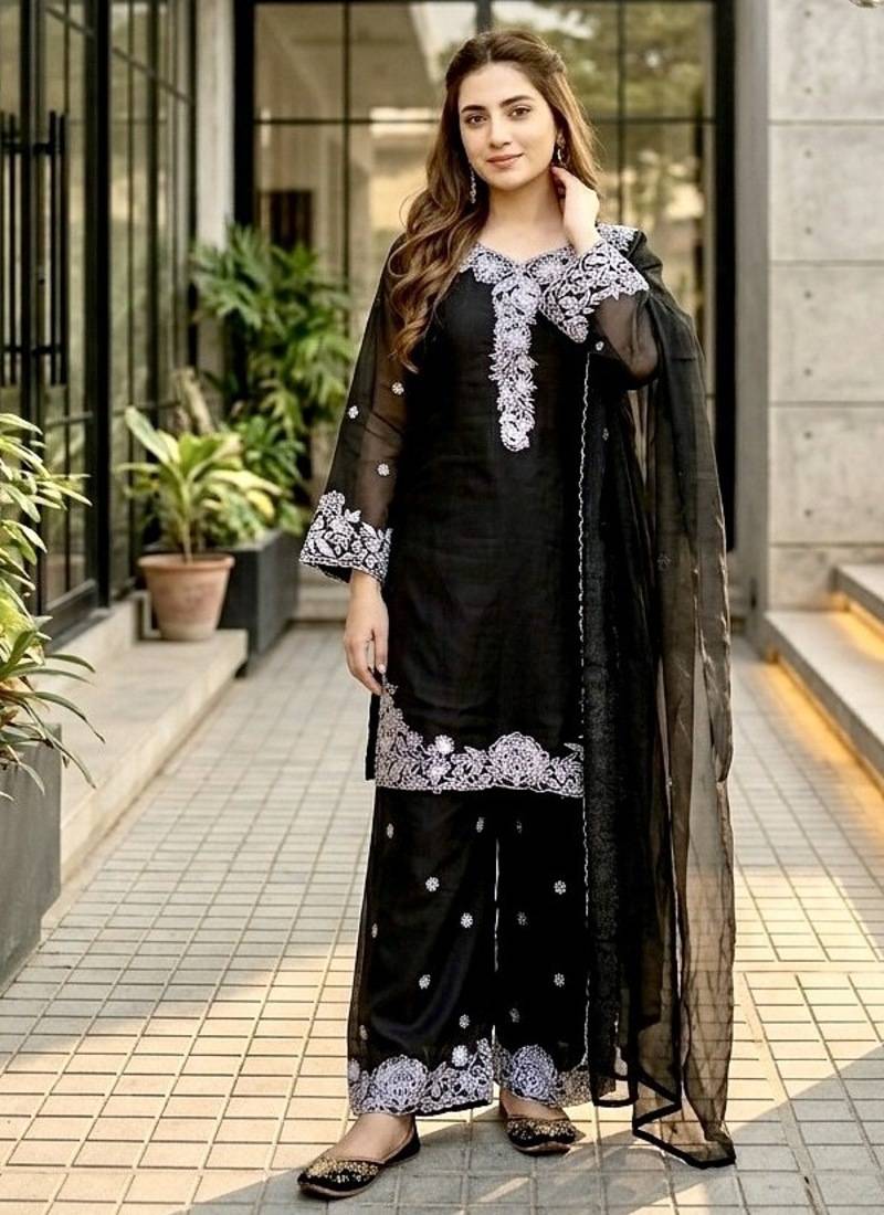Black chanderi  party wear embroider y  plazzo suit set