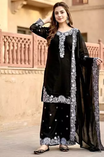 Black chanderi  party wear embroider y  plazzo suit set