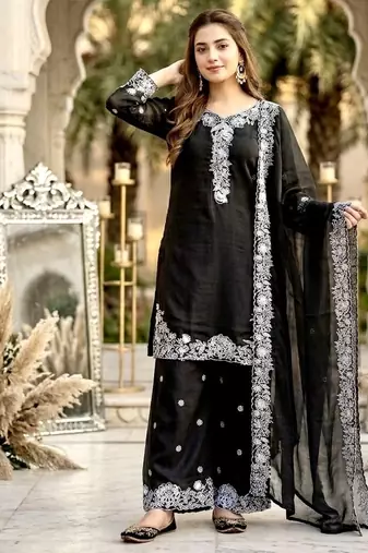 Black chanderi  party wear embroider y  plazzo suit set