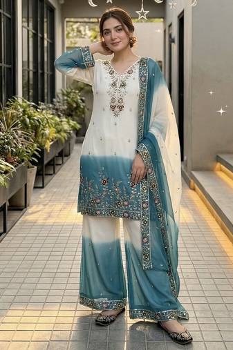 Sky blue georgette  party wear embroidery  plazzo suit set