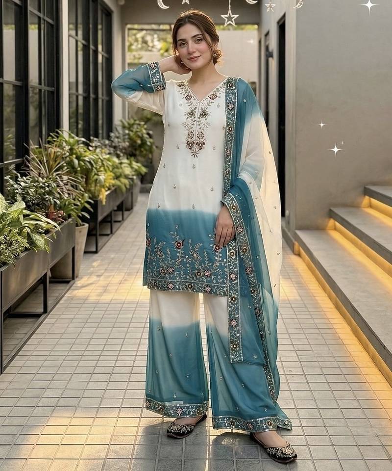 Sky blue georgette  party wear embroidery  plazzo suit set