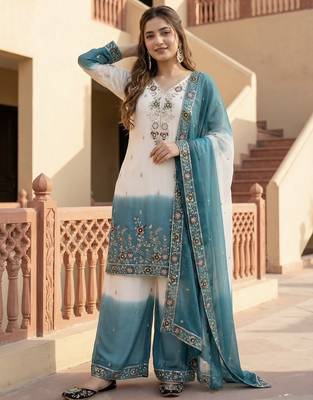 Sky blue georgette  party wear embroidery  plazzo suit set 2