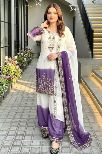 Purple georgette  party wear embroidery  plazzo suit set