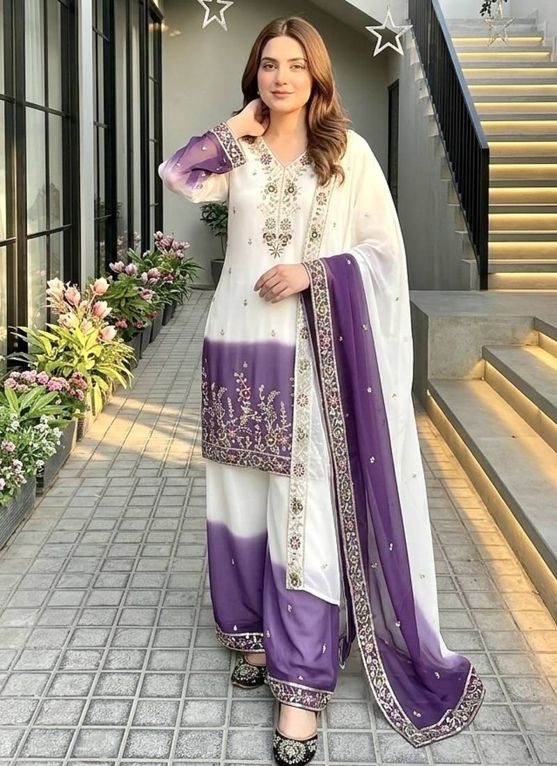 Purple georgette  party wear embroidery  plazzo suit set