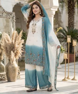 Sky blue georgette  party wear embroidery  plazzo suit set 3
