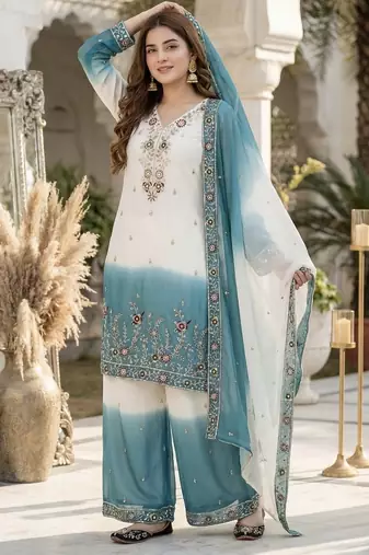 Sky blue georgette  party wear embroidery  plazzo suit set