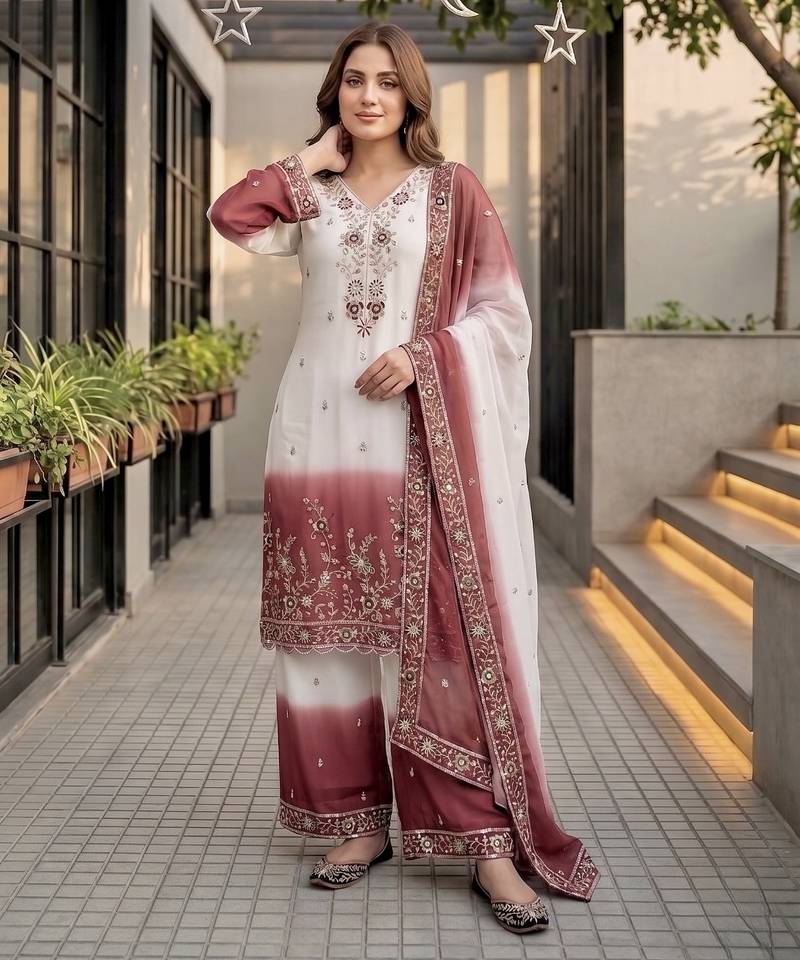Maroon georgette  party wear embroidery  plazzo suit set