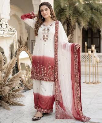 Maroon georgette  party wear embroidery  plazzo suit set 3