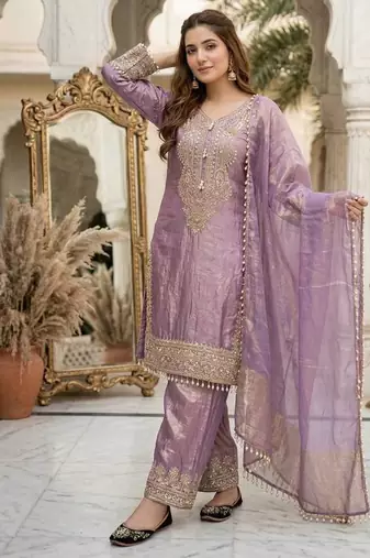 Lavender  silk  party wear embroidery  plazzo suit set