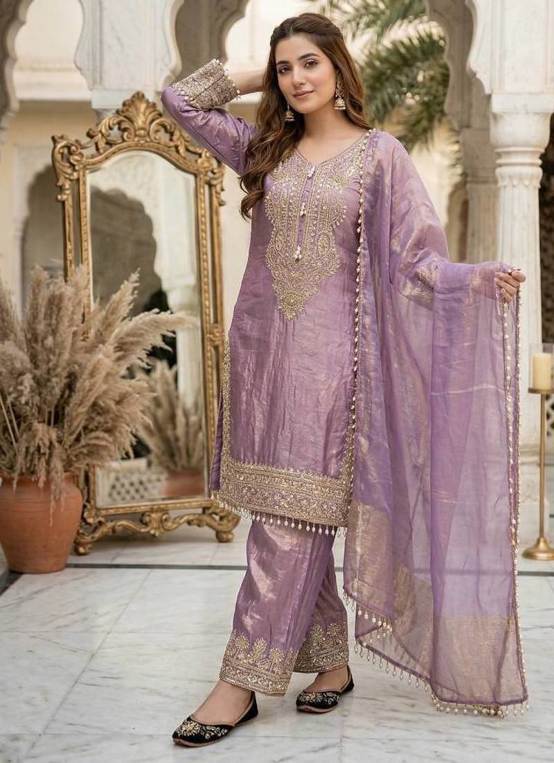 Lavender  silk  party wear embroidery  plazzo suit set