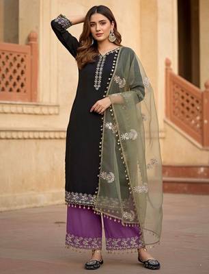 Black  silk  party wear embroidery  suit set 1