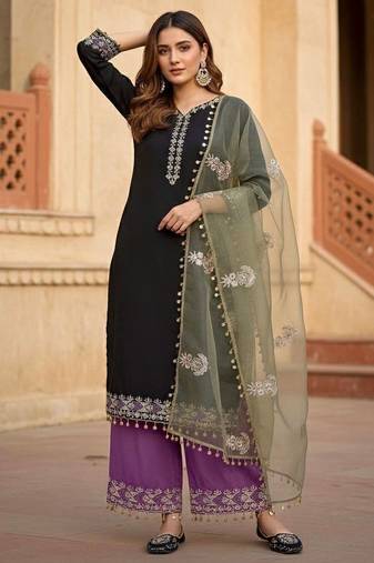 Black  silk  party wear embroidery  suit set