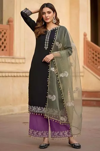 Black  silk  party wear embroidery  suit set