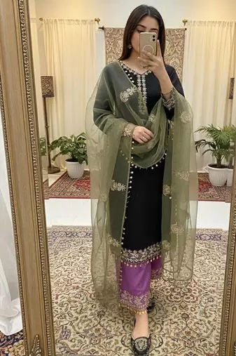 Black  silk  party wear embroidery  suit set