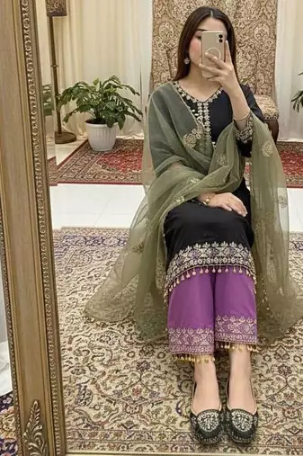 Black  silk  party wear embroidery  suit set