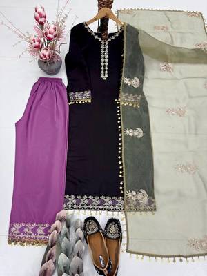 Black  silk  party wear embroidery  suit set 4