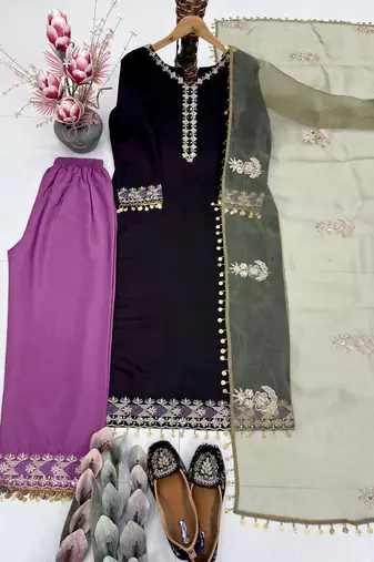 Black  silk  party wear embroidery  suit set