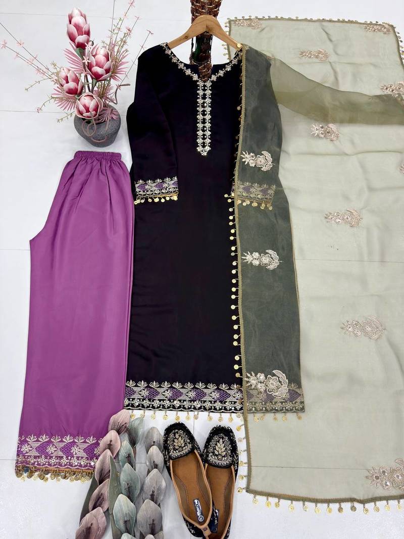 Black  silk  party wear embroidery  suit set