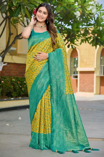 Banarasi satin silk saree floral zari woven saree with mustard color and turquoise blue border tassels